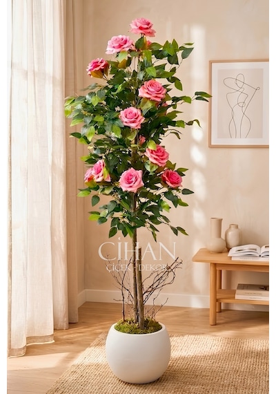Yapay Pembe Gül Ağacı 150 cm 27x33 Beyaz Küre Saksılı