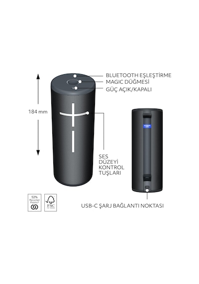 Ultimate Ears Boom 4 Taşınabilir Su Geçirmez Bluetooth Hoparlör, 360 Derece, 15 Saatlik Pil Ömürlü - Siyah