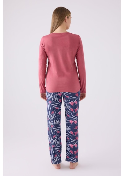 Pierre Cardin Paris 8903 Kadın Çiçek Desen Yaka Düğmeli Uzun Kol Pijama Takım Karanfil Çok Renkli