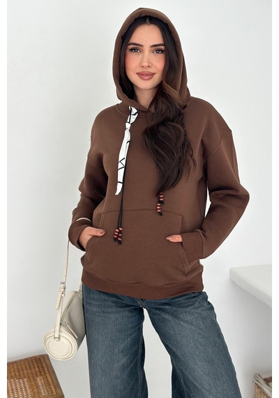 Noa & Noa Kadın Fular Detaylı Kapüşonlu Sweatshirt Casual Charm Kahverengi