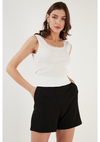 Lela Slim Fit Kalın Dantelli Kare Yaka Bürümcük 2'Li Paket Bayan Atlet 5864979S2 Siyah-Ekru