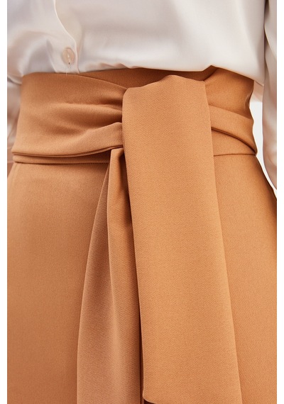 Sateen Kuşaklı Kalem Etek - Camel-131974 Camel