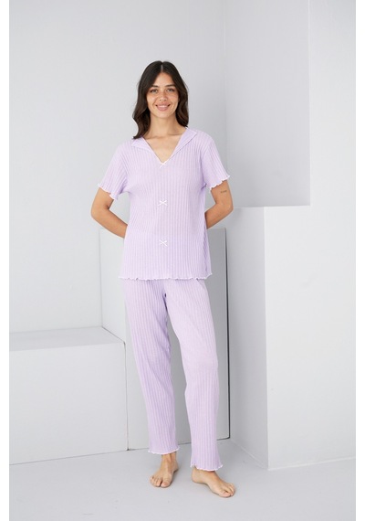 Siyah İnci Mevsimlik İnce Fiyonklu Pijama Takım7879 Lila