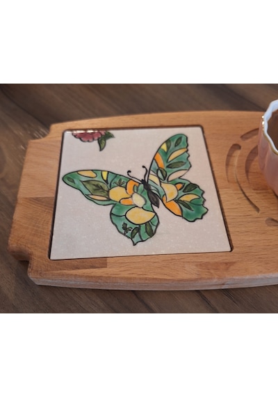 Ahşap Çay & Kahve Sunumluğu El Yapımı Kelebek Desenli Çinisi İle