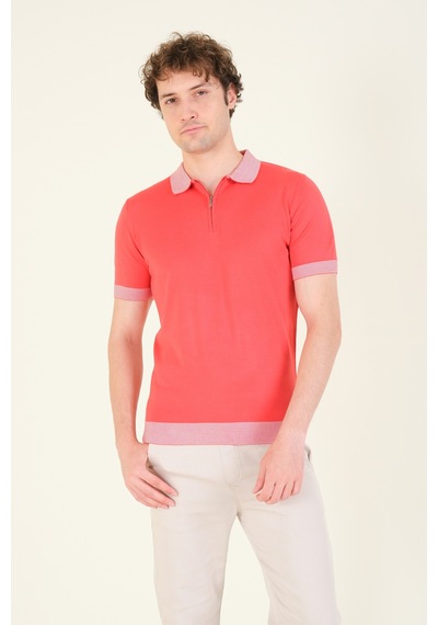 Giyim Dünyası Erkek Renkli Yaka Yarım Fermuarlı Polo Yaka Merserize T-shirt Mercan 001