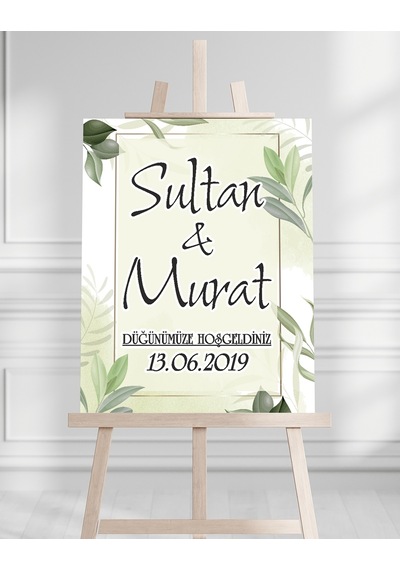 Söz Nişan Düğün İçin 50x70 Karşılama Panosu - Tropikal Çiçek Ve Yaprak Tasarımlı Beyaz