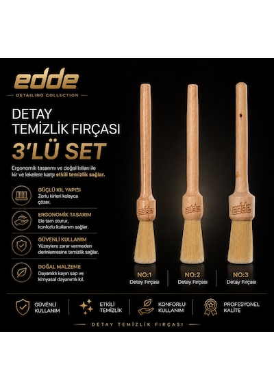 Edde Araba Araç Oto Yıkama At Kılı Detay Fırçası Seti Detailing Fırçası Detaylı Temizlik Fırçası 3 Lü Pro 1