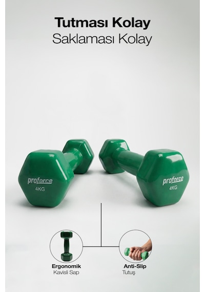 Proforce Vdb Dışı Vinil Kaplı Içi Çelik Döküm Ağırlık Dambıl Yeşil 4 KG