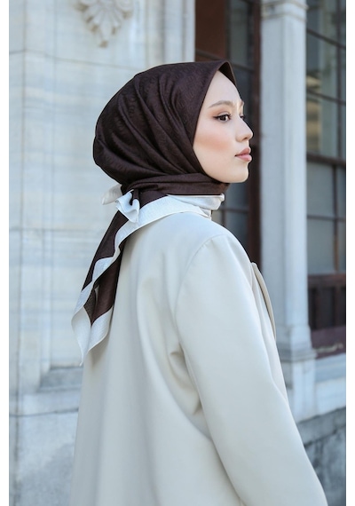 Eşarp - Premium Lux Original Monogram Eşarp İpek Vual, Yüksek Kalite, Hafif, Rahat, Şık, Scarf Acı Kahve Krem Şeritli