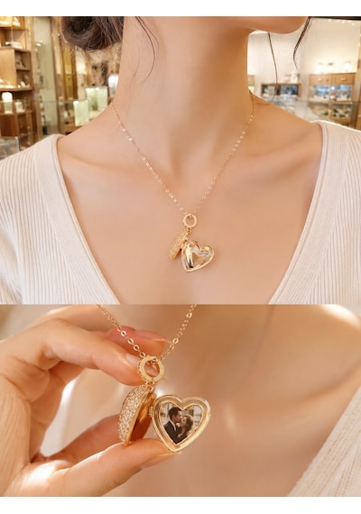 Kalp Figürlü Açılır Fotoğraf Kolyesi Anı Kolyesi Gold
