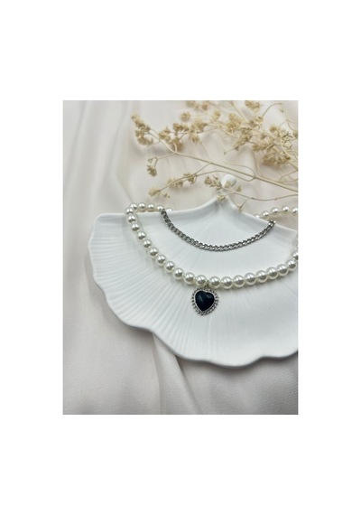 Lunarie Vintage Gümüş İnci Siyah Kalp Katmanlı Kolye