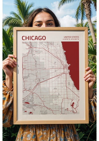 Chicago Abd Şehir Haritası Çerçeveli Tablo Lüks Salon Ofis Duvar Dekorasyonu Hediyelik Tablo Kayın