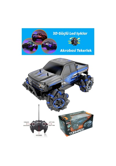 Tornado Rc Kontrollü Akrobasi Performans Aracı - Dört Çekerli Engebeli Yol Jip, 2.4 Ghz Şarj Edilebilir Aydınlatmalı Hız Modeli Çok Renkli