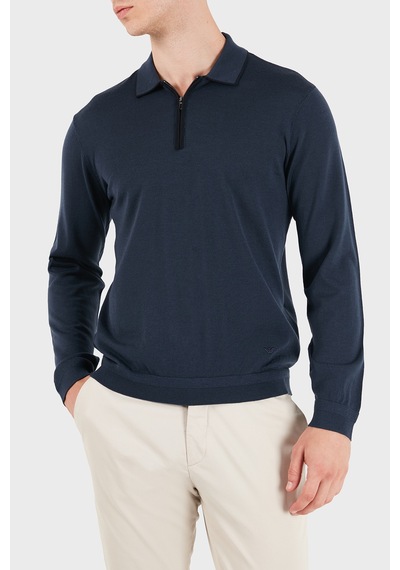 Emporio Armani Logolu % 100 Yün Yarım Femuarlı Polo Erkek Polo Em006224 Af27805 Ub106 Gece Mavi