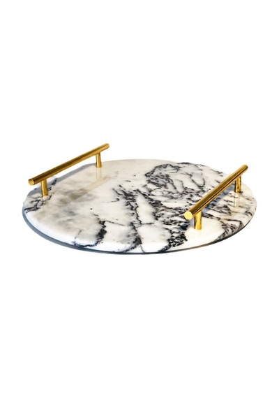 Lux & Marble Ring. Yuvarlak Beyaz Damarlı Mermer Pirinç Kulplu Te