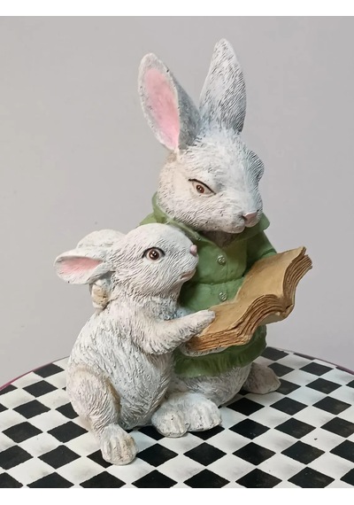 Sevimli Tavşan Biblo Kitap Okuyan Anne Çocuk Dekoratif Obje