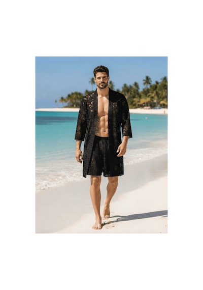Qmen Style Erkek Kimono Takımı 3 Lü Dantel Set Bornoz + Pantolon + Şort Siyah