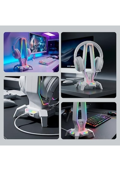 Rm-h27 Igrıs Type-c Rgb Beyaz Kulaklık Standı, 3 Usb 2.0 Portlu, 3.5 Mm Ses Girişli Oyuncu Kulaklık Askısı