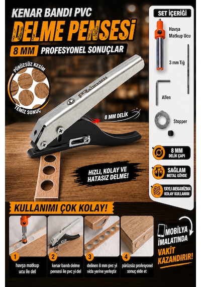 Kenar Bandı Pvc Ve Delme Pensesi 8 Mm Siyah Gri