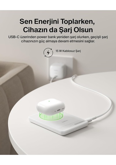 Belkin Bpd011hqwh Boostcharge Slim 5.000mah Qi2 15w Manyetik Kablosuz Powerbank - Beyaz Siyah