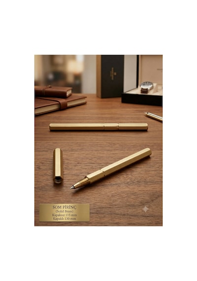 El Yapımı Masif Pirinç Tükenmez Kalem Vidalı Kapak Altıgen Gövde Premium Tasarım 130 Mm Altın