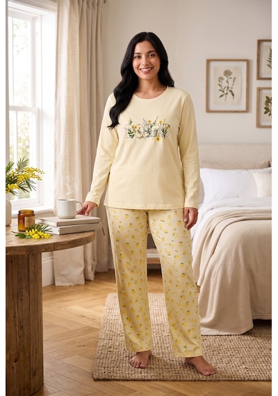 Seboteks Mevsimlik Kumaş Bisiklet Yaka Uzun Kollu Büyük Beden Kadın Pijama Takımı 400 Sarı