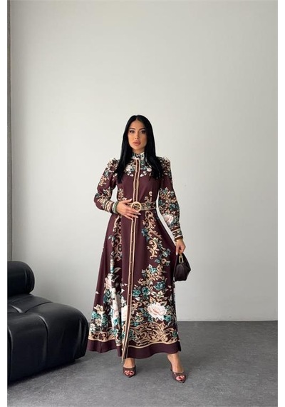 Neşeli Butik Kadın Kahverengi Hakim Yaka Çiçek Desenli Maxi Boy Tasarım Elbise Nbms2653 Kahverengi