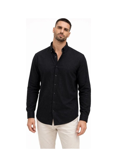 Wear Vexel Erkek Keten Kumaş Uzun Kollu Regular Fit Gömlek - Siyah Çok Renkli