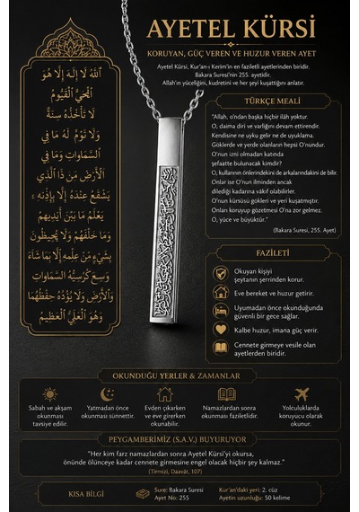 Erkek Kadın Ayetel Kürsi Yazılı Çelik Kolye Paslanmaz Çelik Dikdörtgen Minimal Manevi Tasarım Kolye Gri