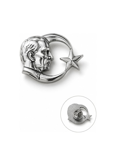 Atatürk Ay Yıldız Gümüş Renk Rozet Unisex Yaka Aksesuarı Gri