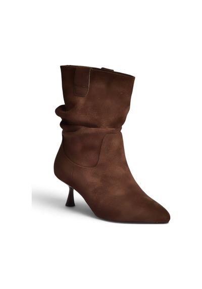 Fox Shoes Z282810502 Kahverengi Süet İnce Topuklu Büzgülü Kadın Bot