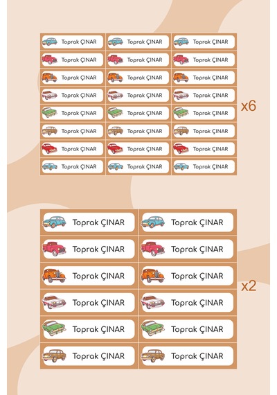 Araba Temalı Isimli Okul Etiketi Defter Kitap Kalem Sticker Seti