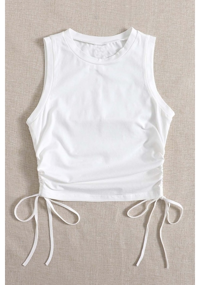 Merry See Yanları Büzgülü Kolsuz Bluz Crop Top Atlet Beyaz