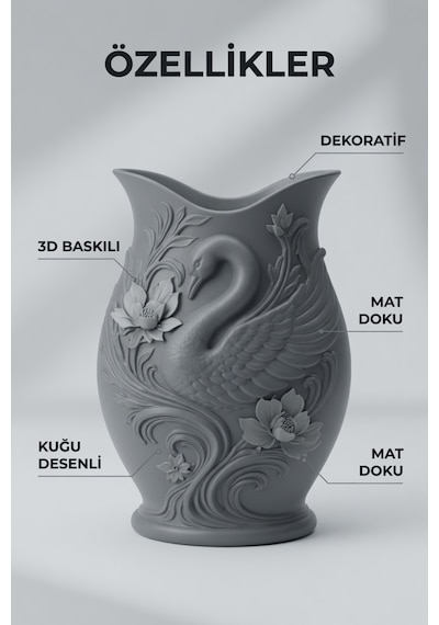 Kuğu Desenli Dekoratif Vazo 15 Cm 3d Baskılı Mat Dokulu Şık Masa Ve Raf Dekoru Gri