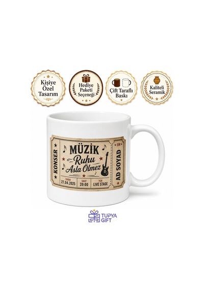 İsme Özel Konser Bileti Temalı Kupa Bardak Müzik Hediye Baskılı Kupa Beyaz / Çok Renkli