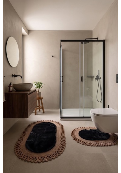 Banyo Paspası Takımı 60x100+40x60 Cm Dış Trikot Siyah & Camel