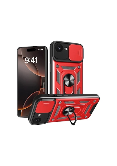 Apple Uyumlu iPhone 17e  Tank Kılıf - Yüzüklü Standlı Extra Koruma Zırhlı Outdoor Kapak-kırmızı Kırmızı