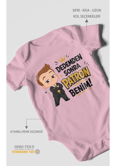 Morivokids Dedemden Sonra Patron Benim Kısa Kollu Bebek Body %100 Pamuk Koyu Pembe