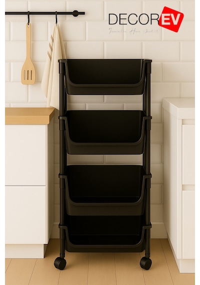4 Katlı Tekerlekli Plastik Organizer Raf Çok Amaçlı Mutfak, Banyo Ve Ofis Düzenleyici Siyah Dc-6824 Beyaz