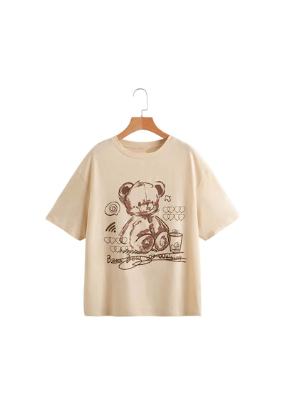 Uyguntarz Çocuk Oyuncak Ayı Baskılı Pamuklu Tshirt Bej