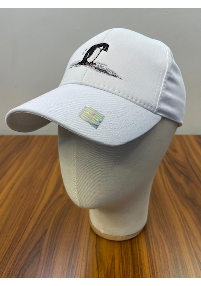 Penguen Nakışlı Gabardin Kumaş Unisex Cap Şapka Beyaz
