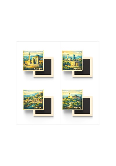 Konya - 4'lü Memleket Seti - Baskılı Buzdolap Magneti Kare - 9x9 Cm - 4 Adet