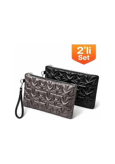 Adelina Bags 2'li Çanta Paketi Yıldız Desenli Portföy El Çantası Bilek Askılı Clutch Çanta Siyah