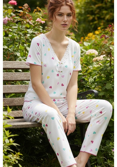 Siyah İnci Dantelli Bürümcük-krınkıl Kısa Kollu Pijama Takım 26120727 Renkli Kalp