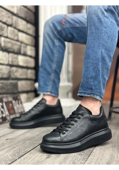 Kadın Erkek Unisex Bağcıklı Deri Yüksek Tabanlı Rahat Günlük ... Siyah
