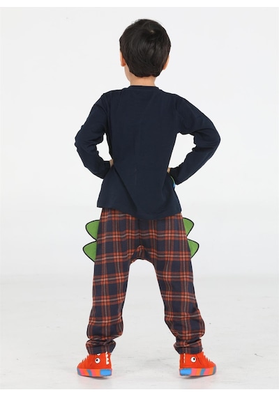 Casabony Ekose Muzip Dino Pantolon + T-shirt Takım-laci Desenli Lacivert