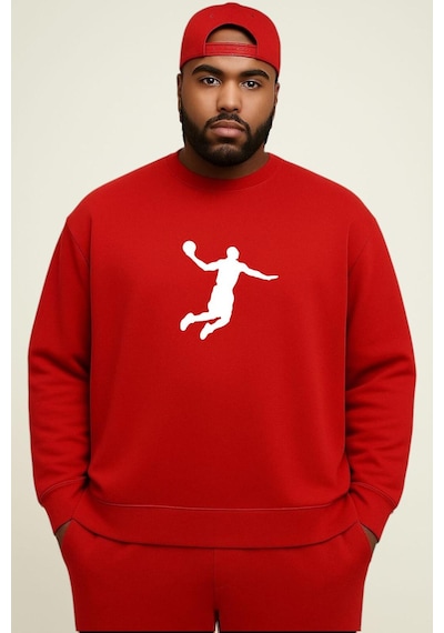 Benroma 3 İplik Penye Basketbolcu Baskılı Büyük Beden Unisex Sweatshırt Kırmızı
