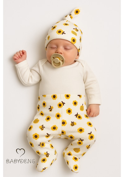 Babyden's Babydens Yenidoğan Bebek Hastane Çıkışı Seti 3'lü Pamuklu Zıbın Takımı Patikli Alt, Şapka, Arı Desenli Unisex Bebek Takımı Ekru