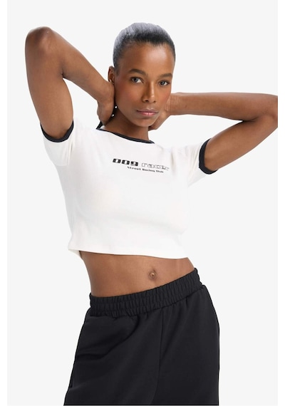 DeFacto Fit Slim Fit Dar Kesim Bisiklet Yaka Baskılı Sporcu Ribana Kısa Kollu Kadın Tişört - Ekru E4796AX25SPER136