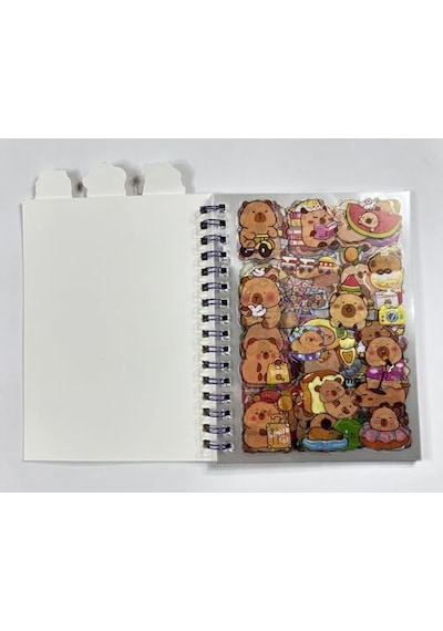 3'ü 1 Arada Spiral Defter Capybara 11x16.5 Cm Sticker Defteri Sarı Açık Gri